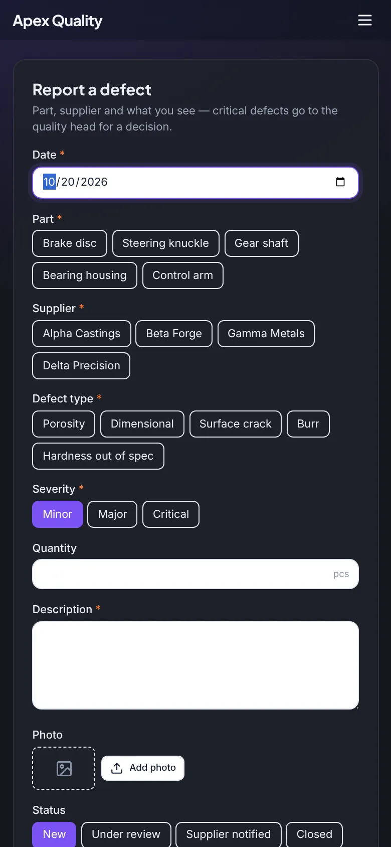 Defect report form on a phone