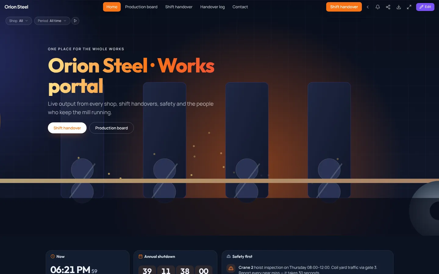 Orion Steel works portal home page with hero and shift numbers